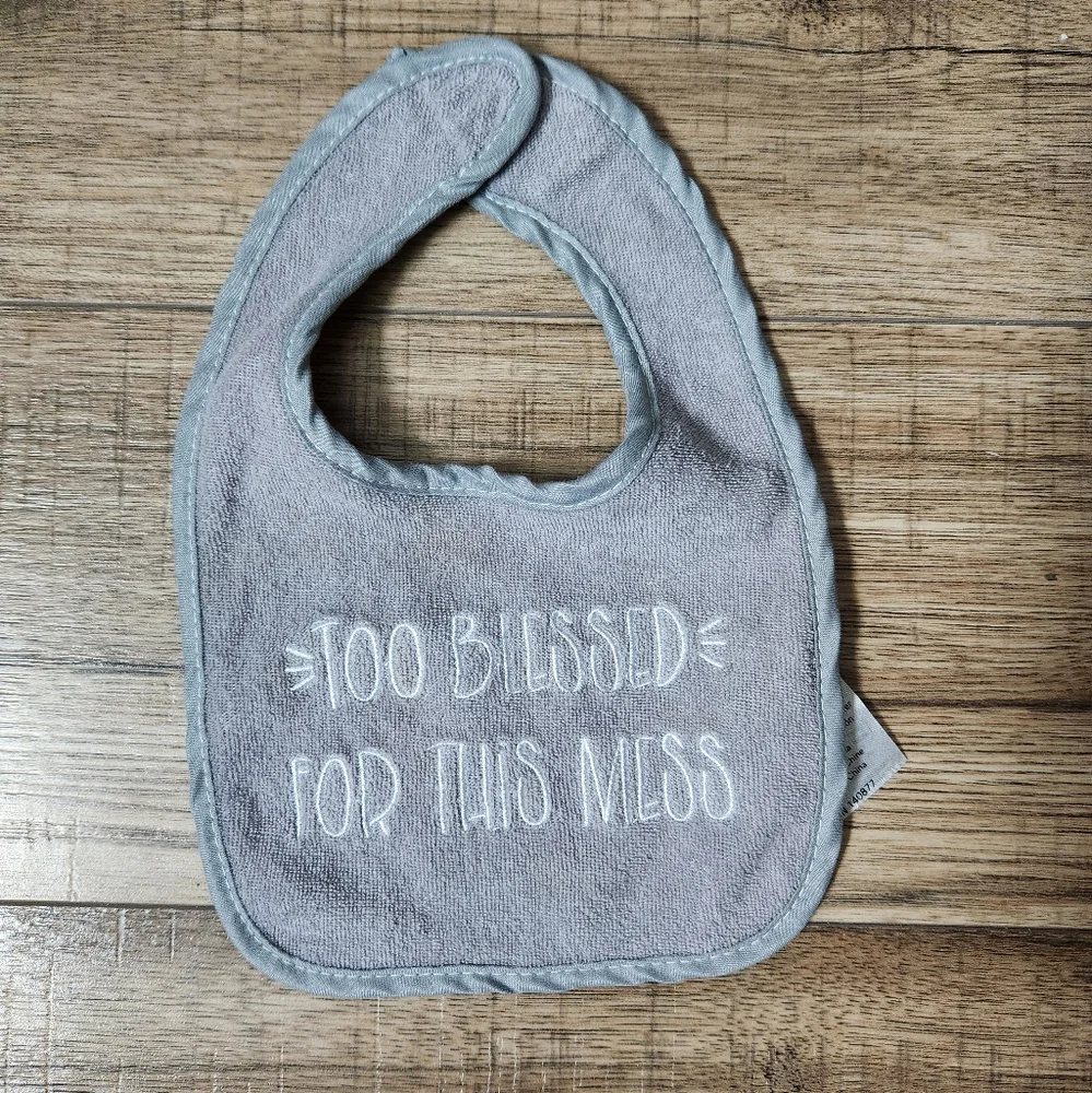 The Peanutshell Too Blessed For This Mess Unisex Terry Bib Gray White